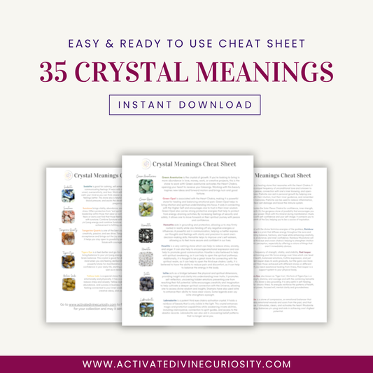 Activate Divine Curiosity Crystal Meanings PDF guide featuring 17 crystals and their meanings